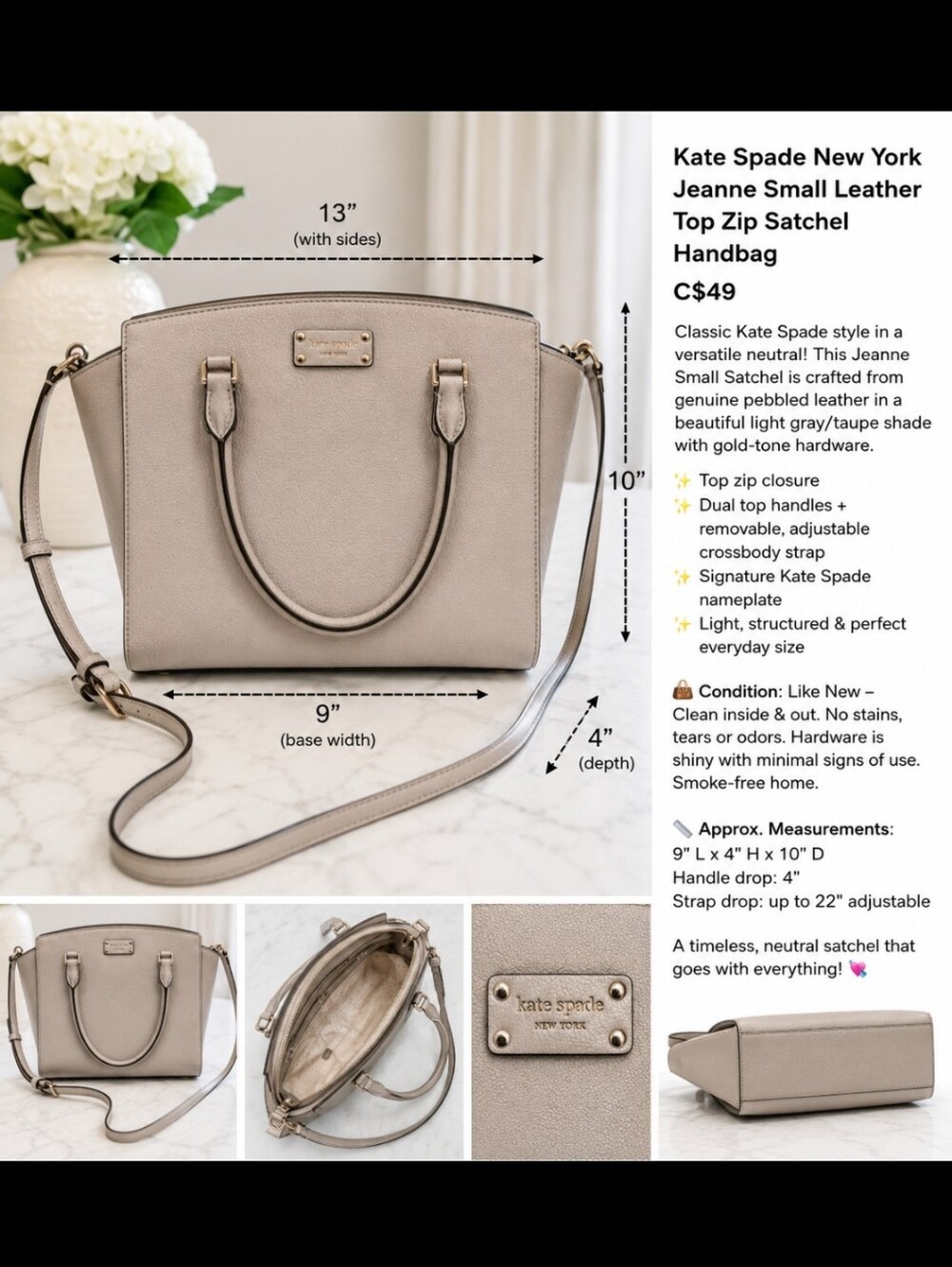 kate spade Jeanne Small Leather Satchel - Light Gray/Taupe